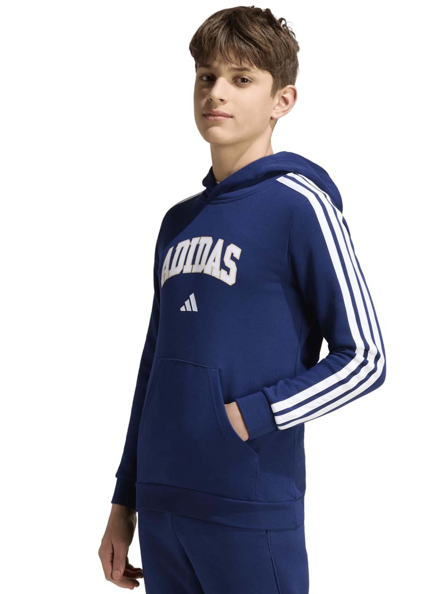 Felpa Adidas bambino blu con grafica collegiale con cappuccio